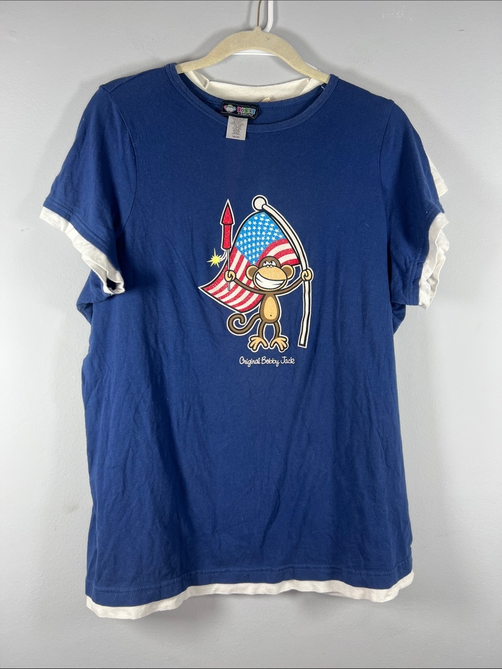 Y2K Bobby Jack T-Shirt American Flag Rocket 4th of July Graphic 18/20 (2X)